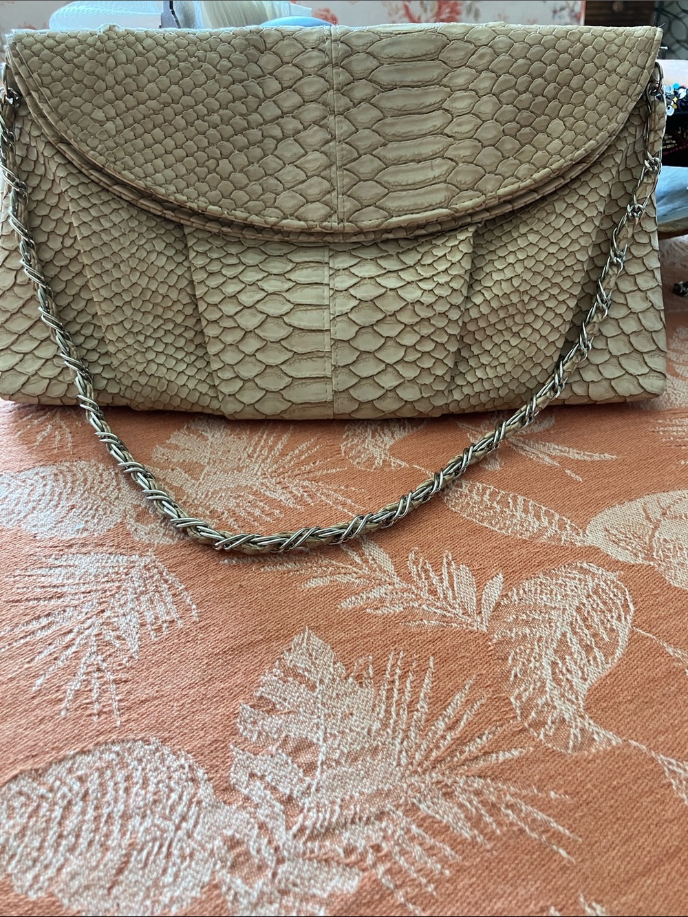 Kate Landry Beige Python-Texture Clutch with Silver Chain